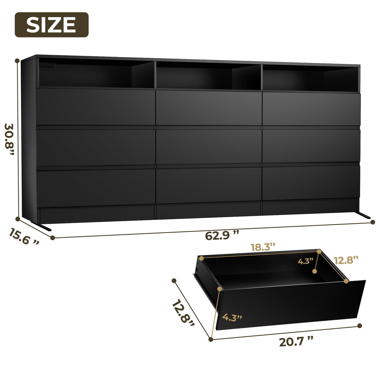 Black 9 Drawer Wood Dresser O171418