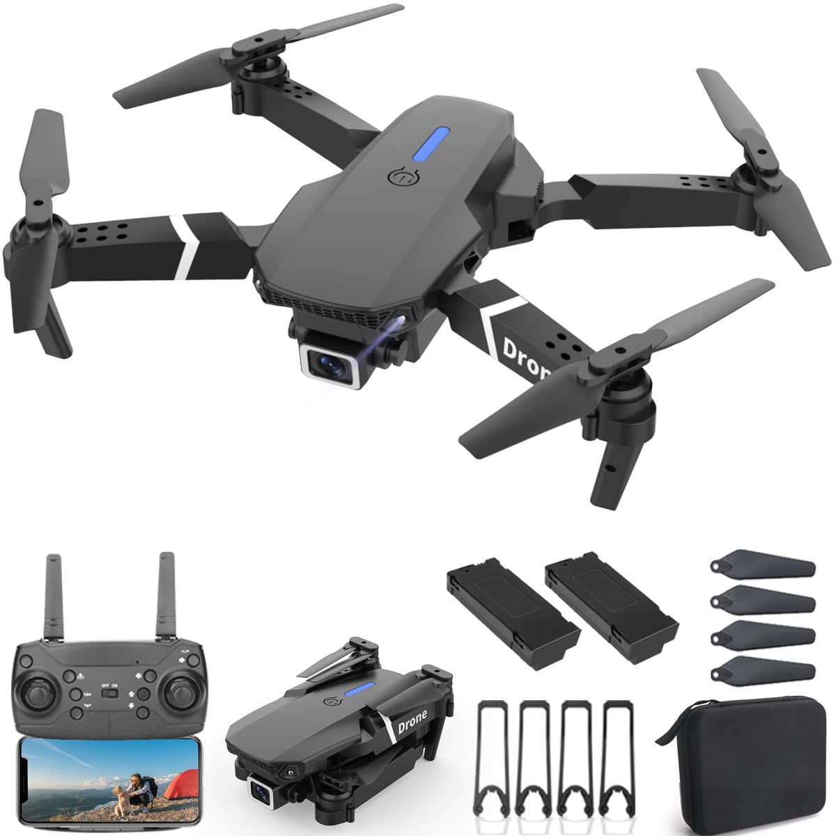 Foldable RC Quadcopter Drone with 1080P Camera, 2 Batteries, Carrying Case E76369