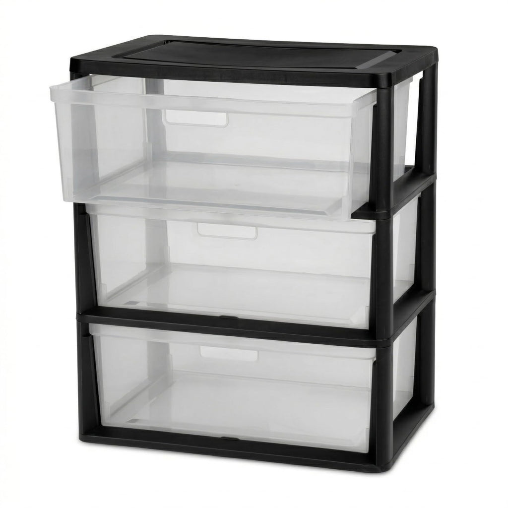Black 3 Drawer Storage Organizer Tower with Clear Plastic Bins T987