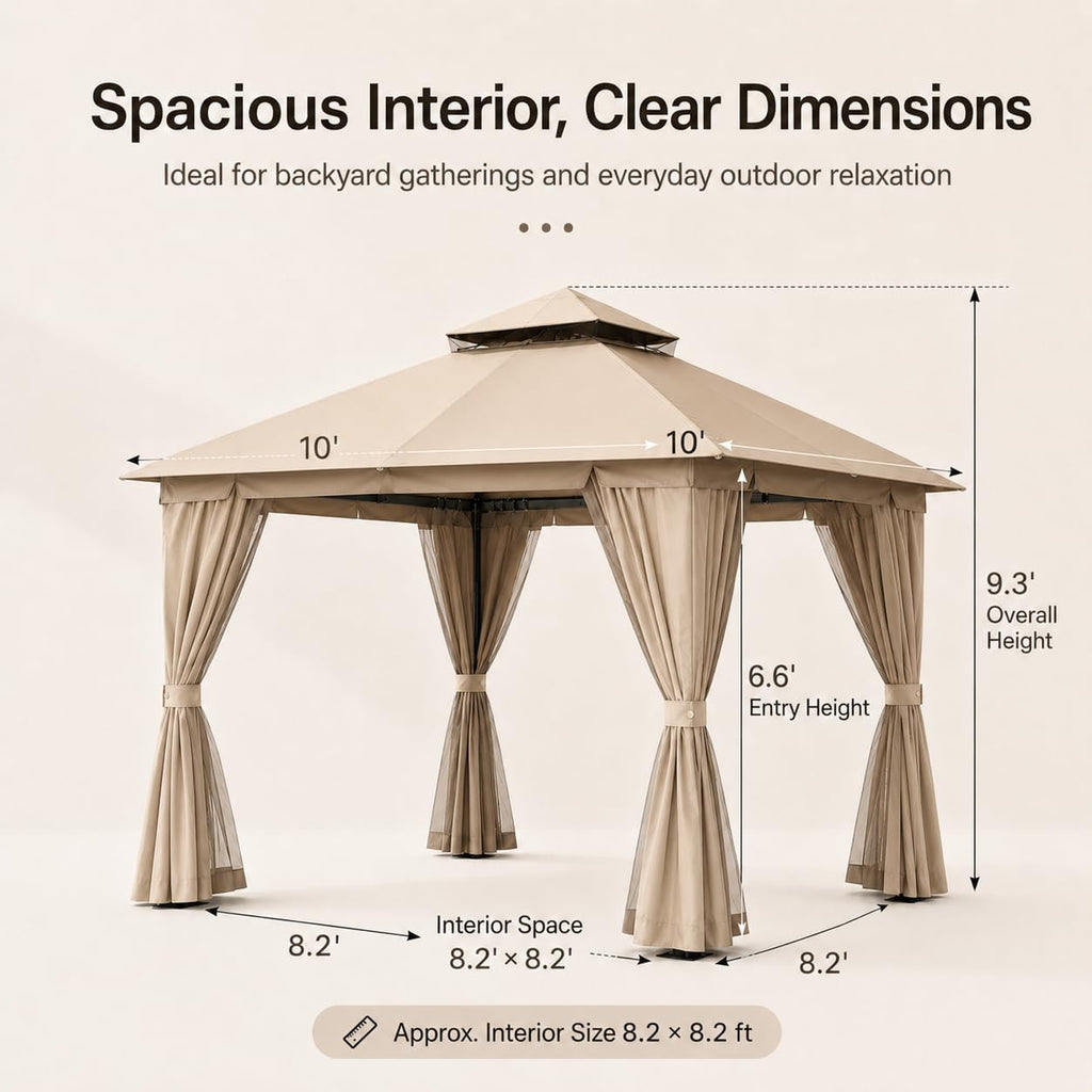 10'x10' Heavy Duty Metal Outdoor Gazebo with Double Roof, Mosquito Netting & Privacy Curtains, Khaki Y808805