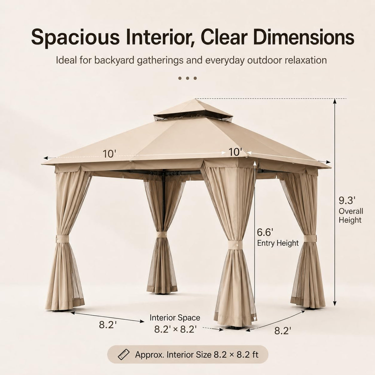 10'x10' Heavy Duty Metal Outdoor Gazebo with Double Roof, Mosquito Netting & Privacy Curtains, Khaki Y808805