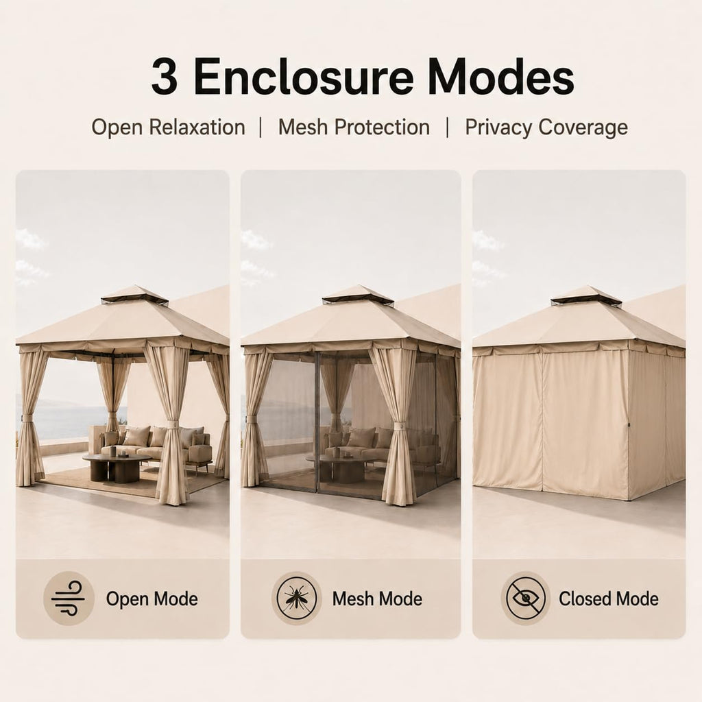10'x10' Heavy Duty Metal Outdoor Gazebo with Double Roof, Mosquito Netting & Privacy Curtains, Khaki Y808805