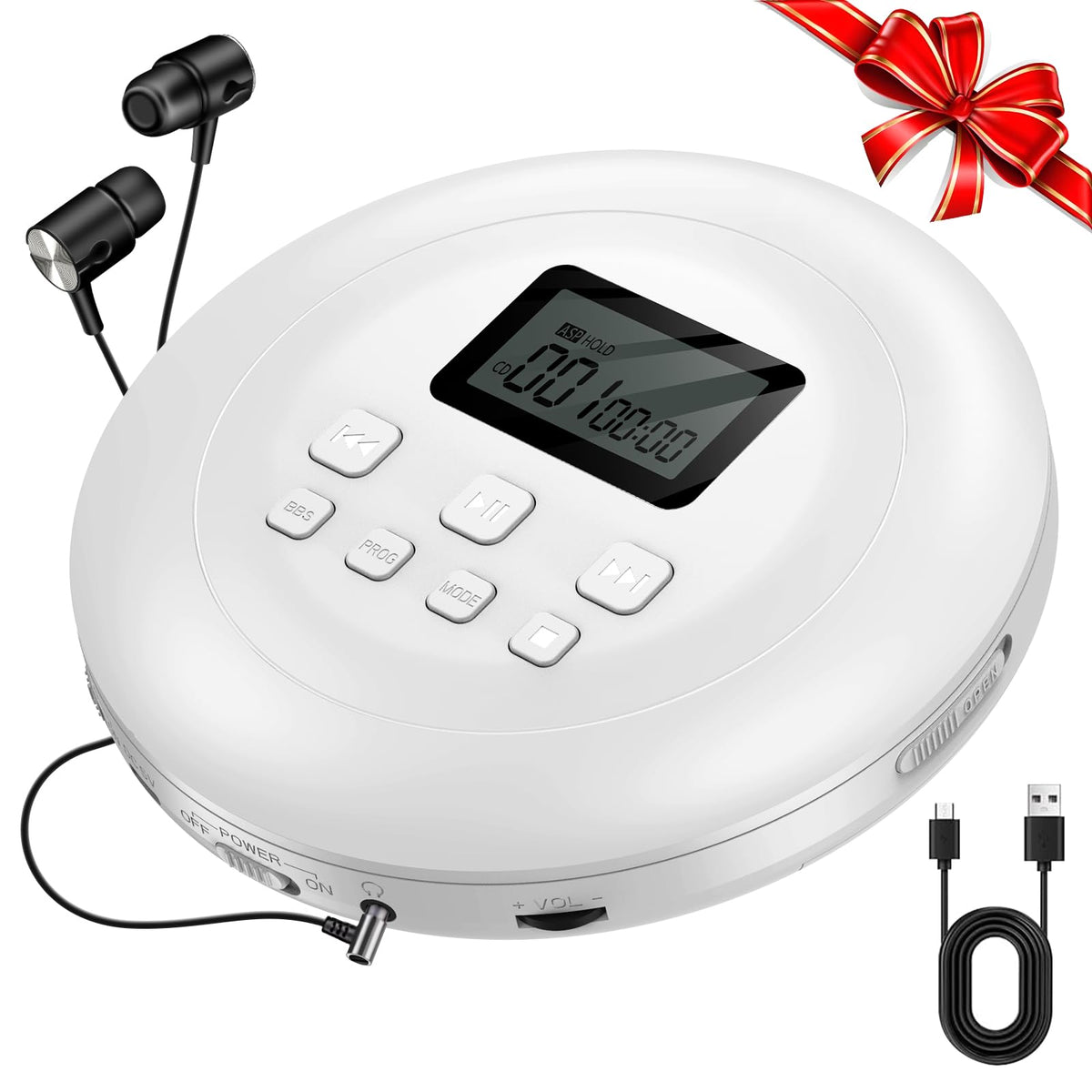 Portable CD Player with Headphones Jack USB AUX LCD Display White K4100