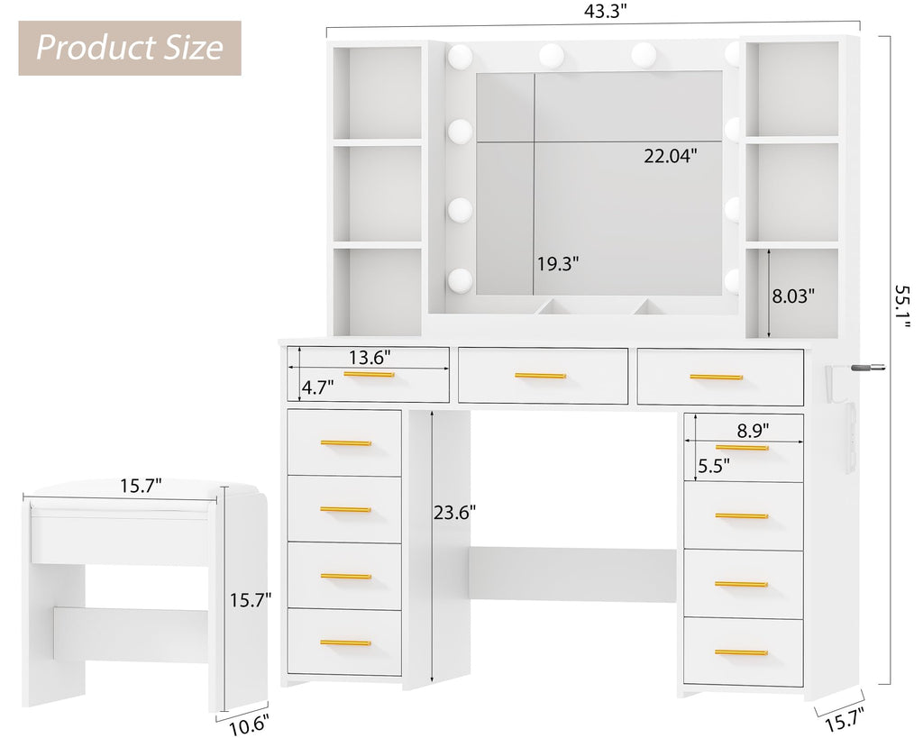 11 Drawer Makeup Vanity Desk with Mirror and Lights, Stool Z83954