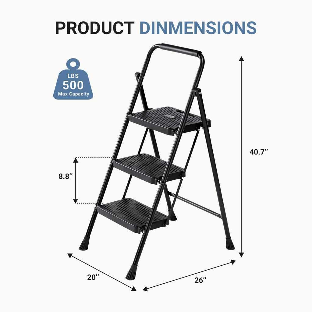 3 Step Ladder with Anti-Slip Pedal and Handrail, 500lbs, Black J9279