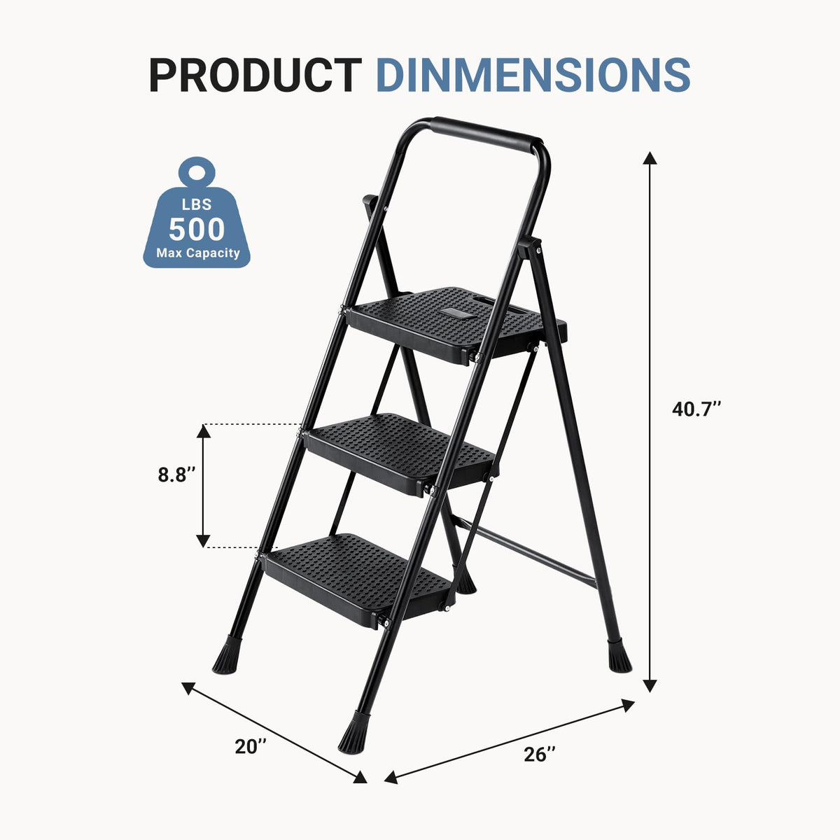 3 Step Ladder with Anti-Slip Pedal and Handrail, 500lbs, Black J9279