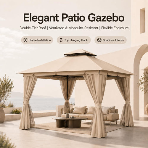 10'x10' Heavy Duty Metal Outdoor Gazebo with Double Roof, Mosquito Netting & Privacy Curtains, Khaki Y808805