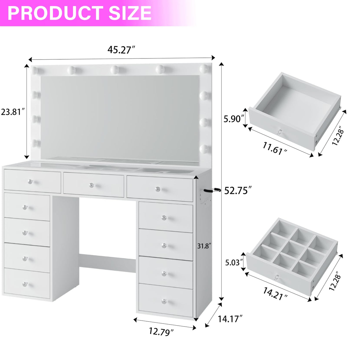 45" Large White Vanity Desk with RGB Lighting Z545385