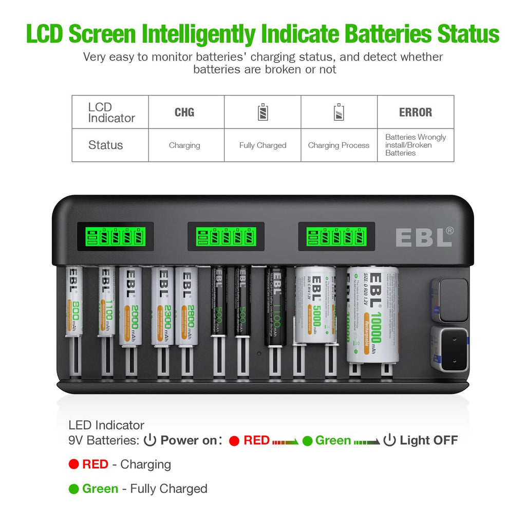 8 Pack 10000mAh Ni-MH D Rechargeable Batteries with Charger P250