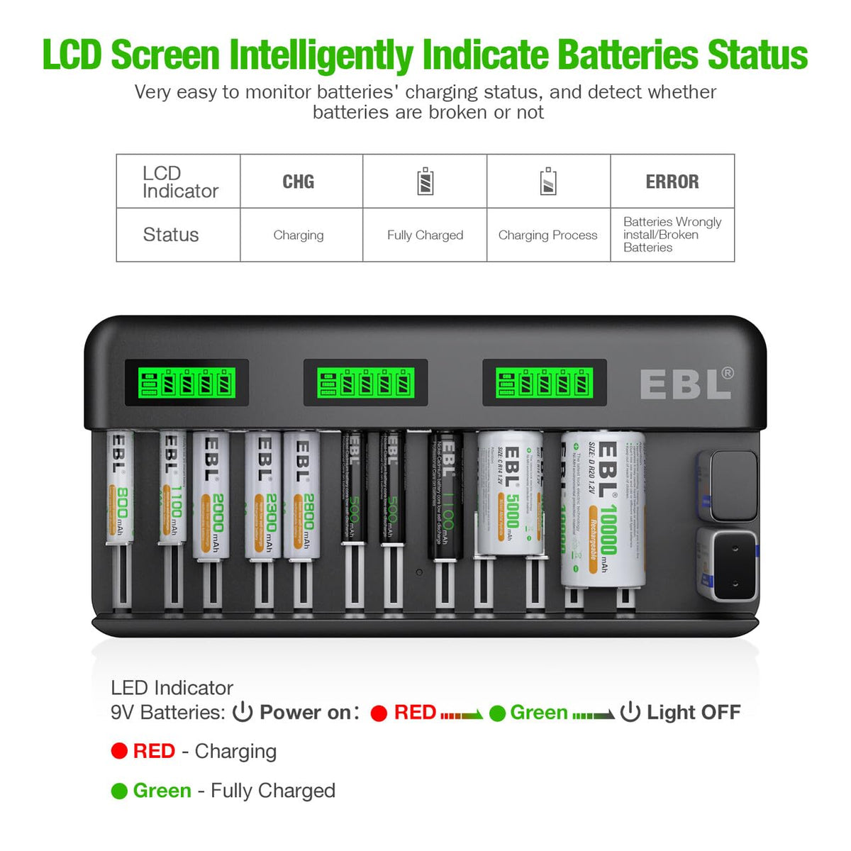 8 Pack 10000mAh Ni-MH D Rechargeable Batteries with Charger P250