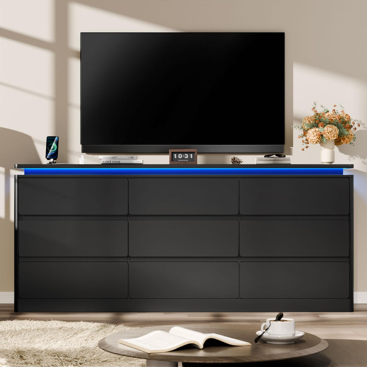 Black 9 Drawer Dresser with LED Lights F941