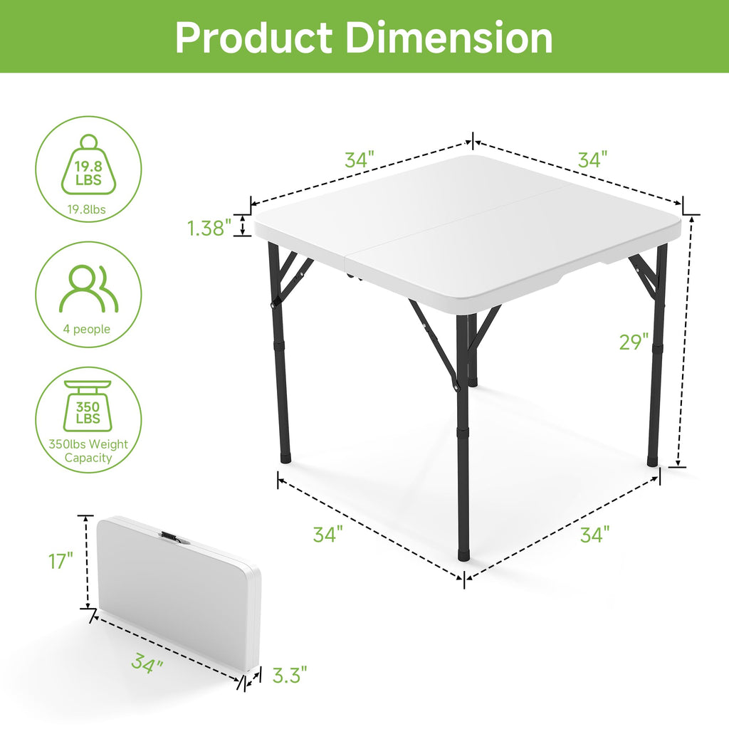34" Square Folding Table with Handle and Removable Legs, White L5903