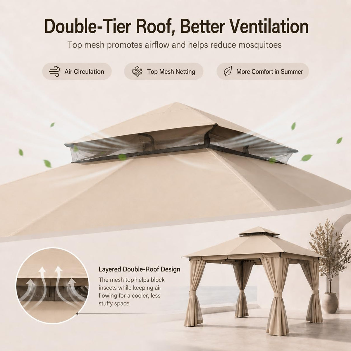 10'x10' Heavy Duty Metal Outdoor Gazebo with Double Roof, Mosquito Netting & Privacy Curtains, Khaki Y808805