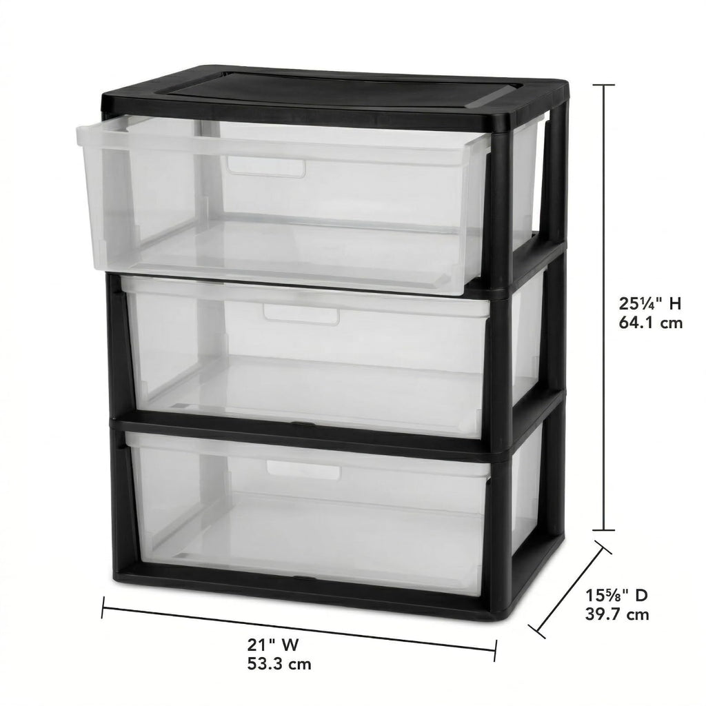 Black 3 Drawer Storage Organizer Tower with Clear Plastic Bins T987
