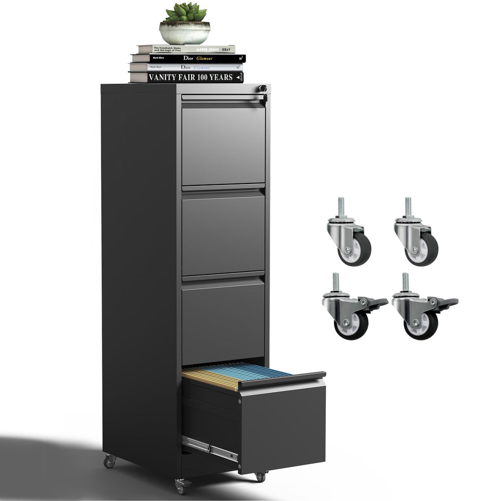 4 Drawer Black Metal Mobile File Cabinet with Lock and Wheels G361985