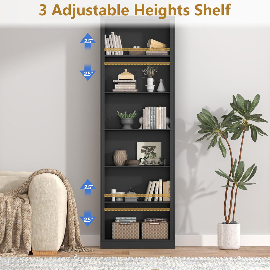 Black 75" Tall 6 Tier Adjustable Bookshelf D3625