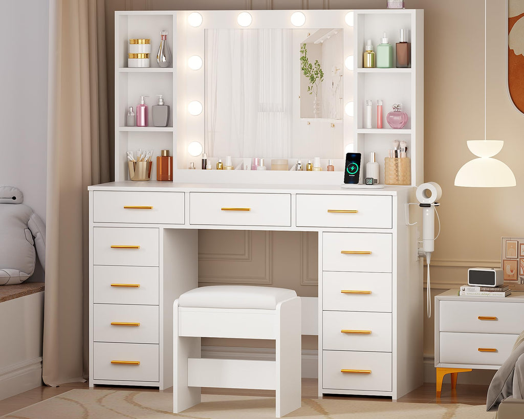 11 Drawer Makeup Vanity Desk with Mirror and Lights, Stool Z83954