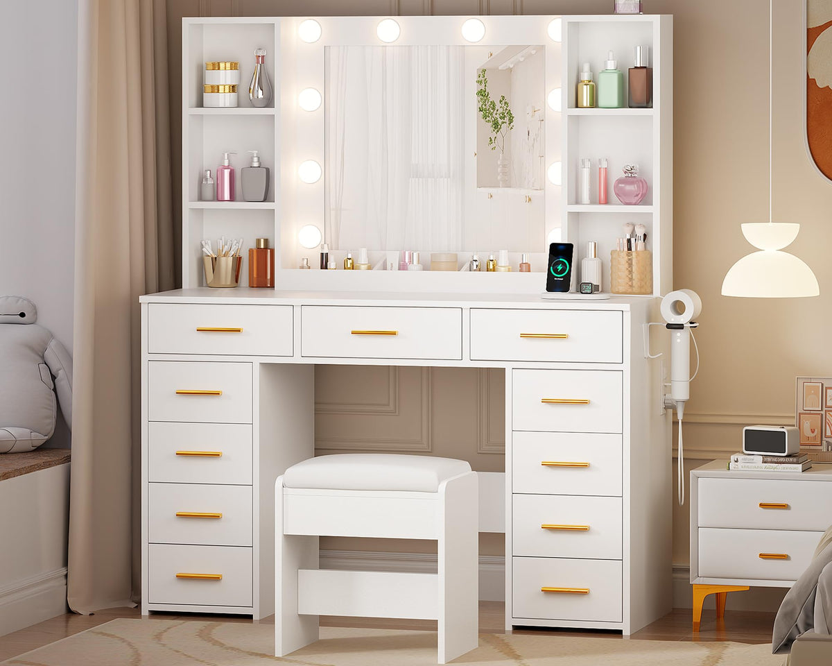 11 Drawer Makeup Vanity Desk with Mirror and Lights, Stool Z83954