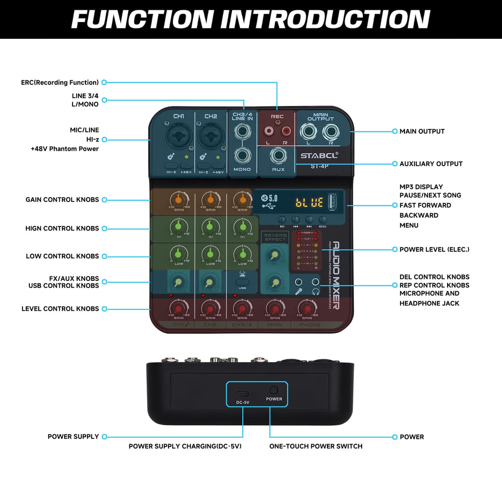 4 Channel Audio Mixer with USB BT 48V Phantom Power Q354