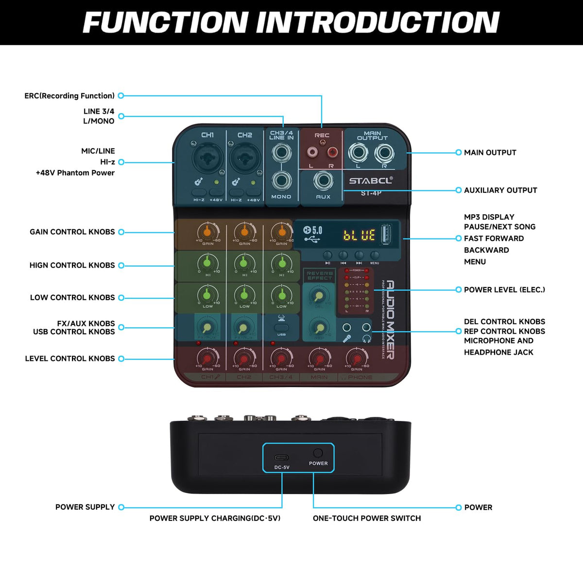 4 Channel Audio Mixer with USB BT 48V Phantom Power Q354