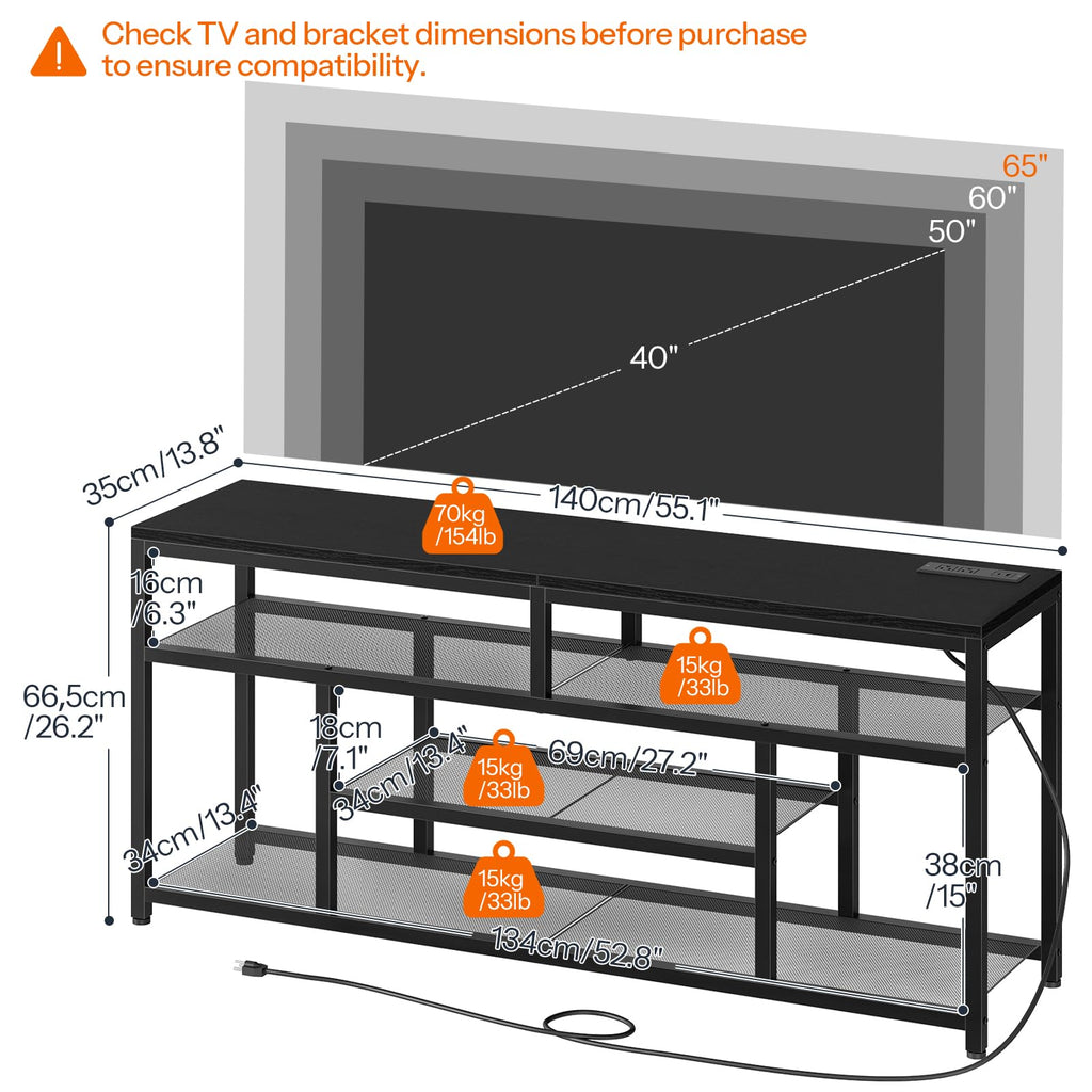 Black 4-Tier LED TV Stand with Charging Station K370