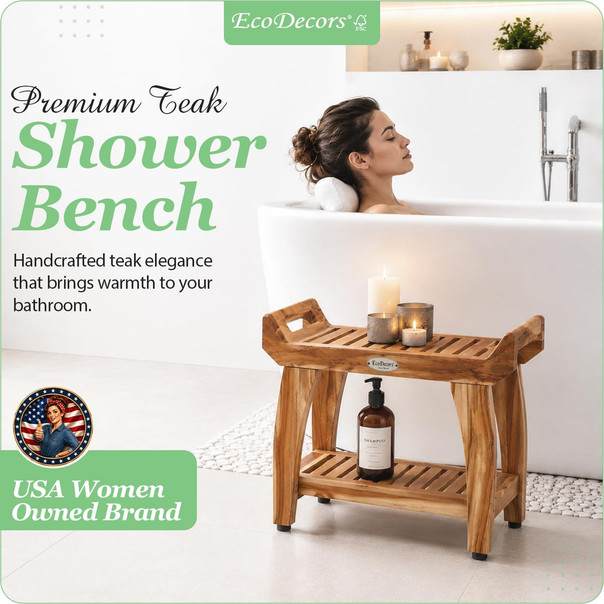 24" Teak Shower Bench with Arms & Storage Shelf H81280