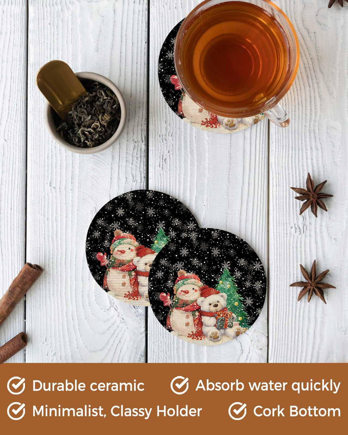 Black Retro Linen Ceramic Stone Coasters Set of 6 with Holder I6597