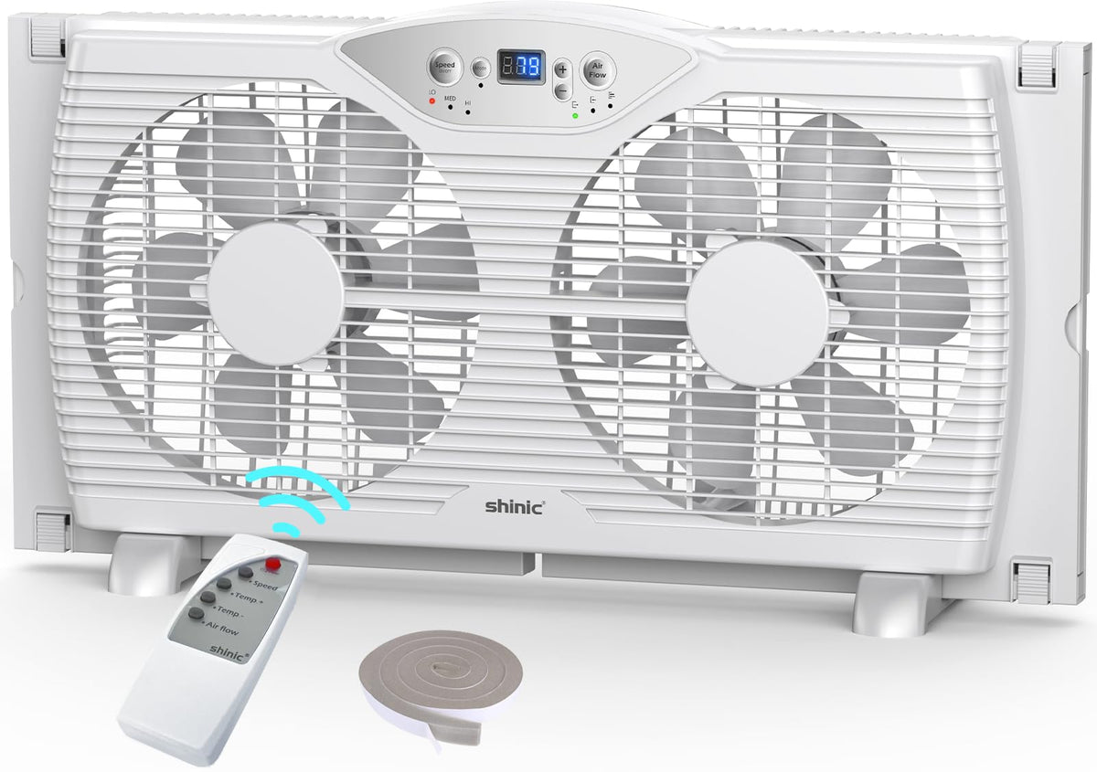 Twin Window Fan with 9-Inch Blades, 3 Speeds, Thermostat Control A769610