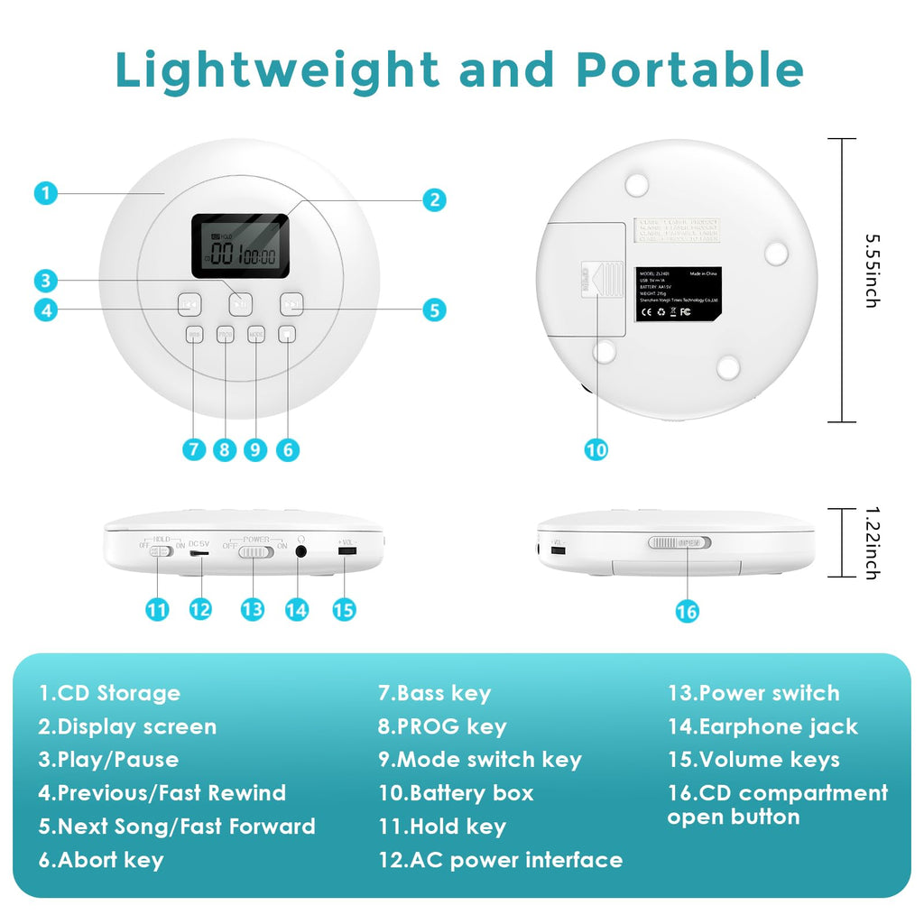 Portable CD Player with Headphones Jack USB AUX LCD Display White K4100