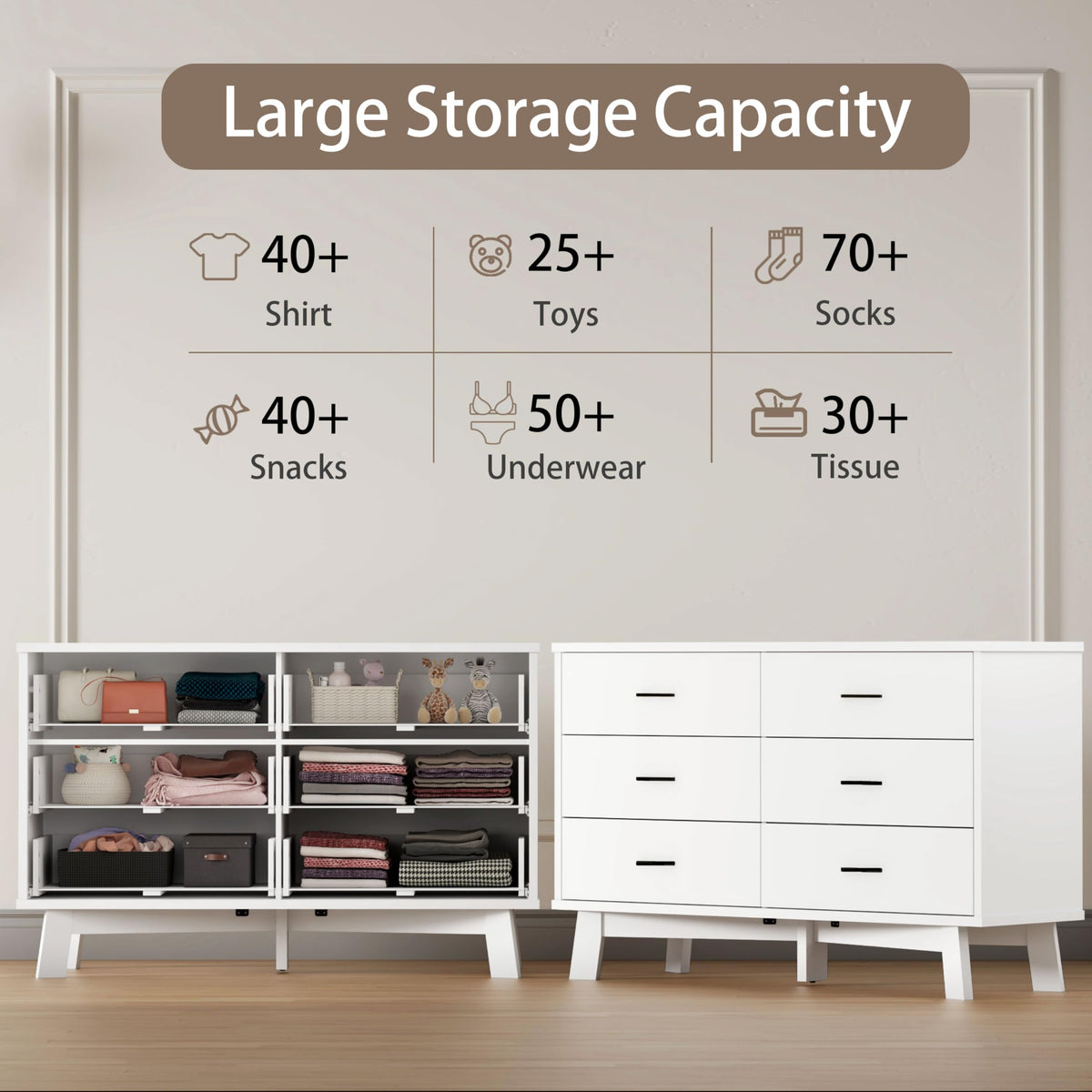 White 6 Drawer Wood Dresser L77530