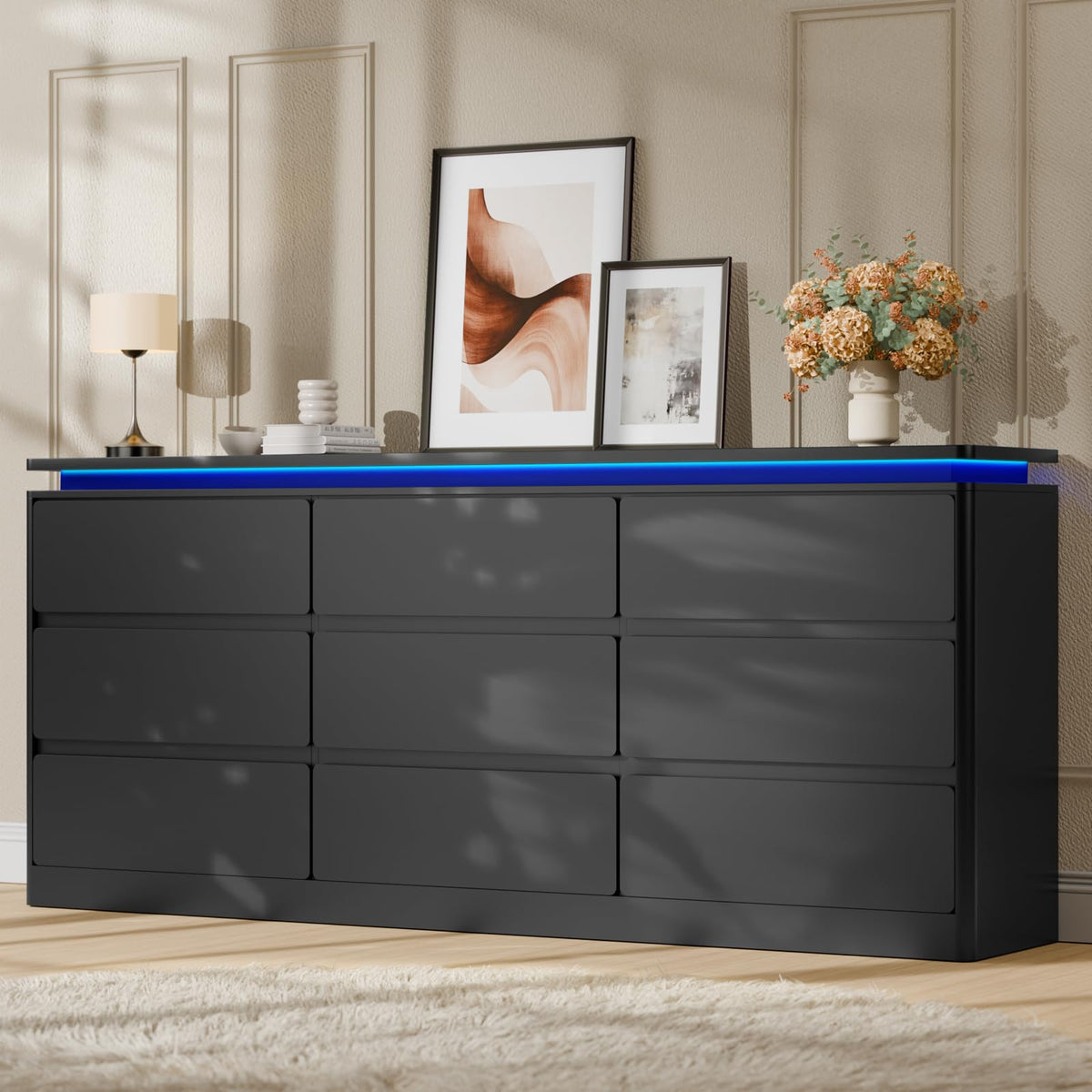 Black 9 Drawer Dresser with LED Lights F941