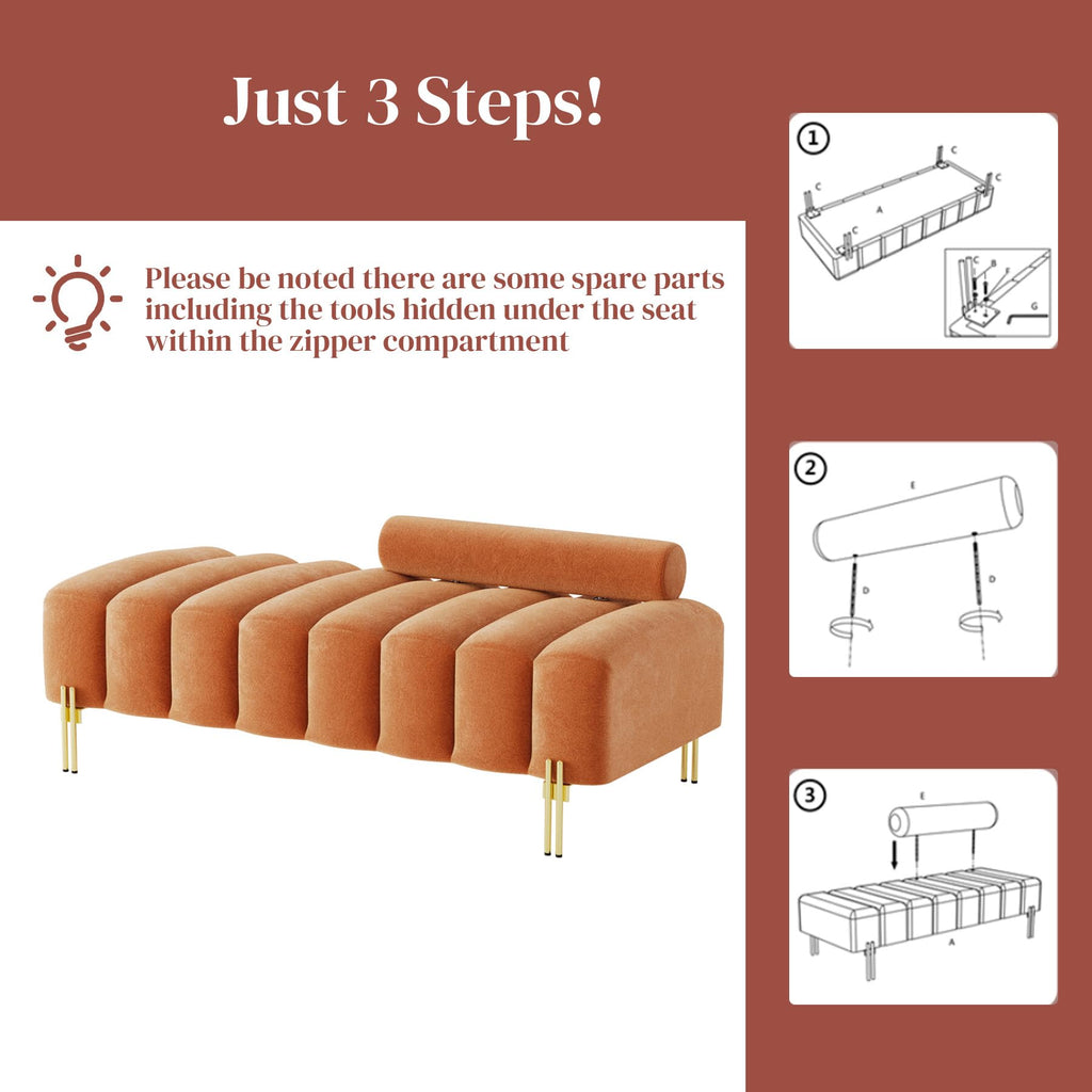 Velvet Upholstered Bench Ottoman with Adjustable Backrest A479602