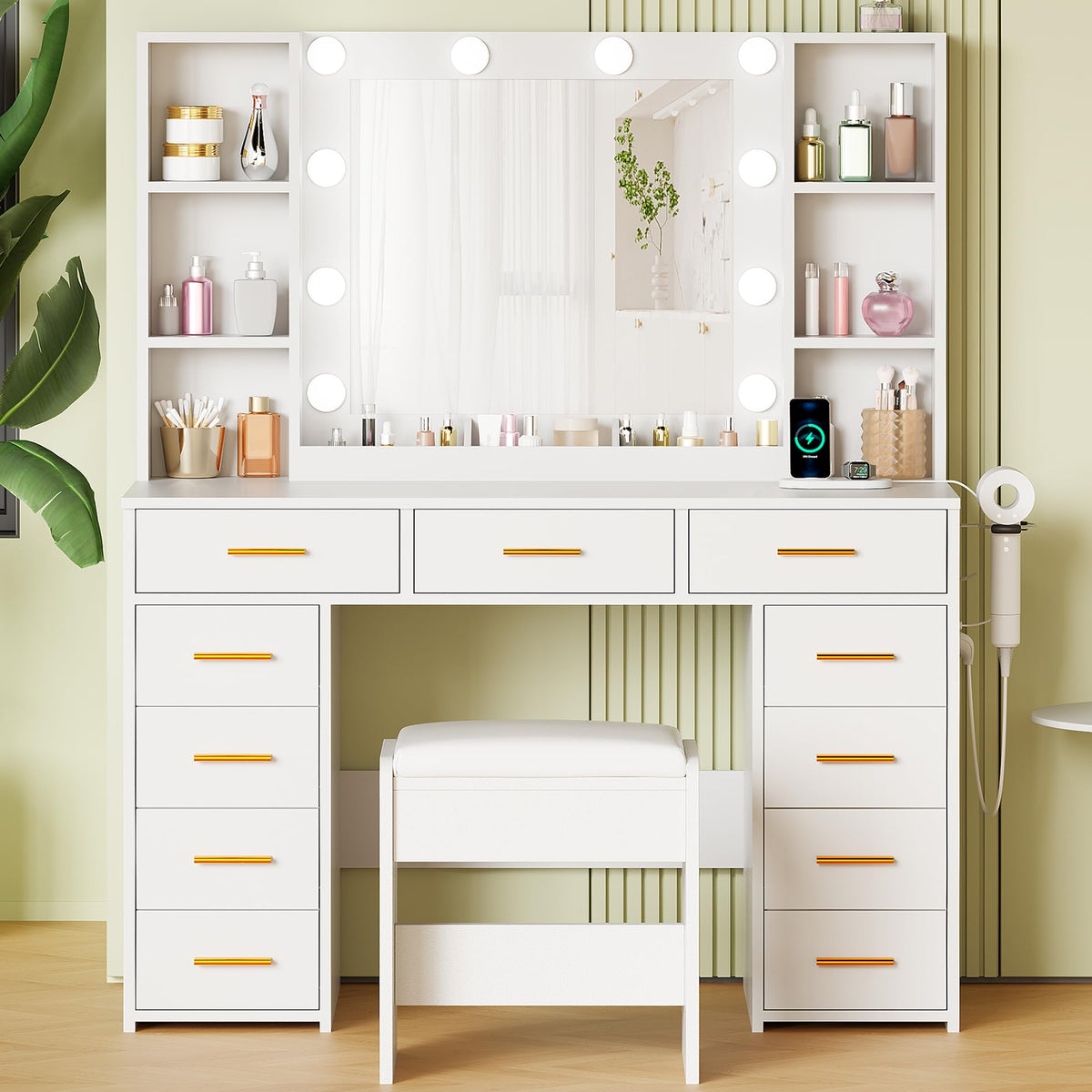 11 Drawer Makeup Vanity Desk with Mirror and Lights, Stool Z83954