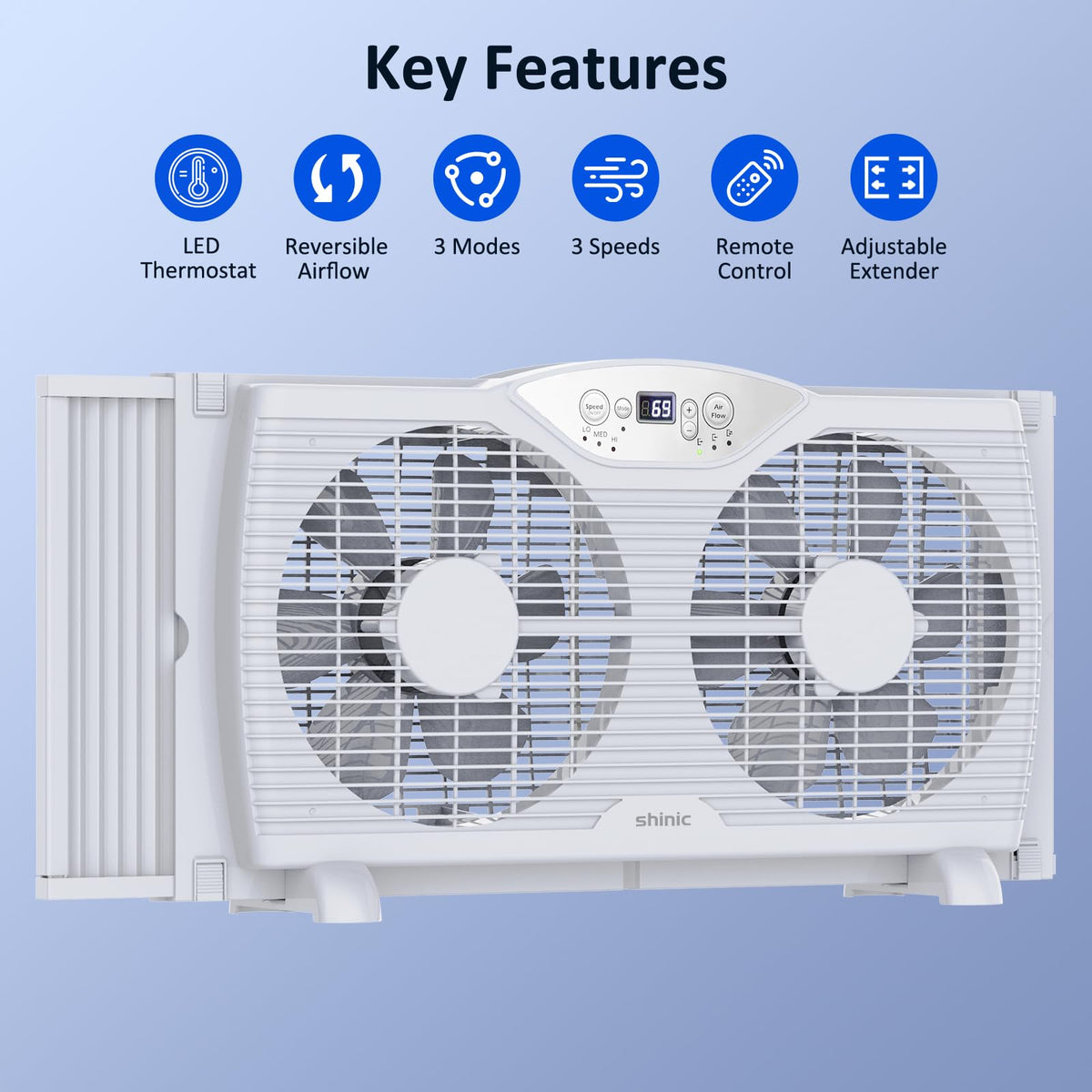 Twin Window Fan with 9-Inch Blades, 3 Speeds, Thermostat Control A769610