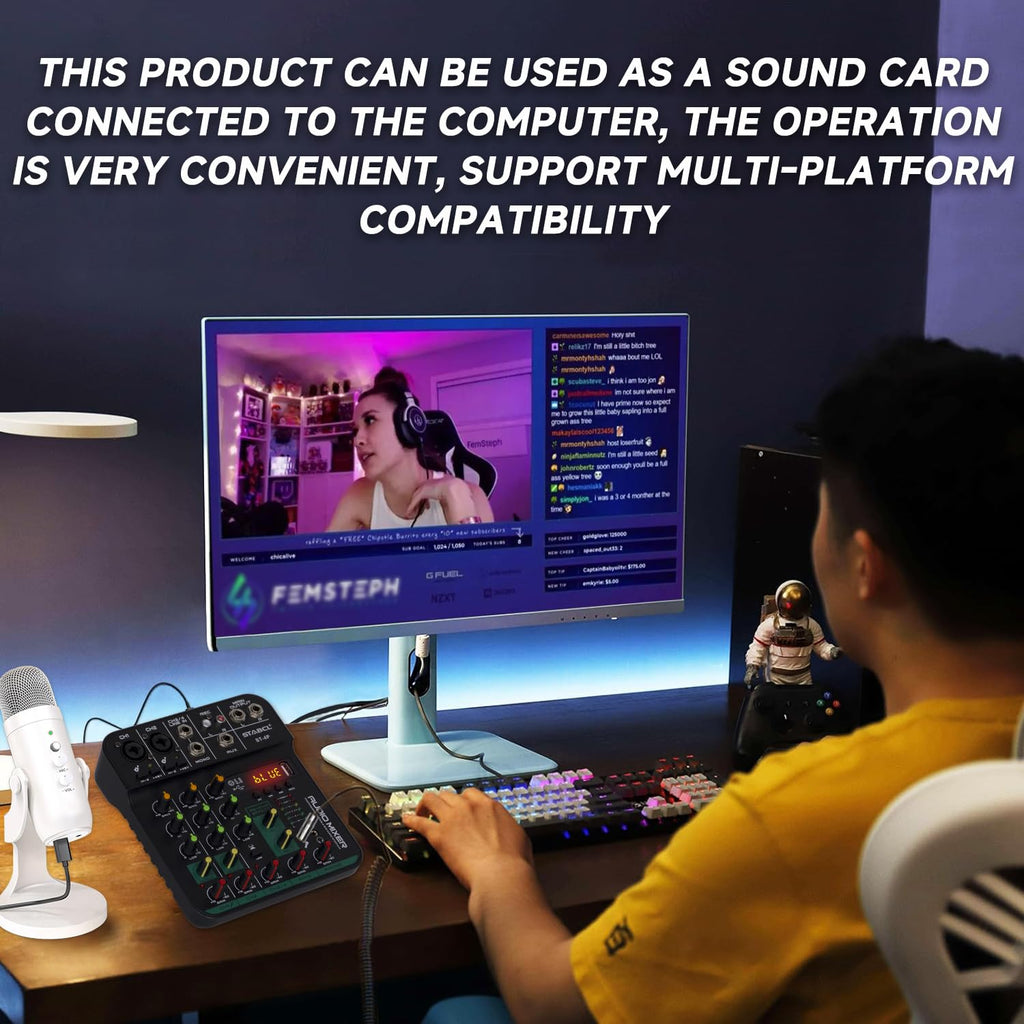4 Channel Audio Mixer with USB BT 48V Phantom Power Q354