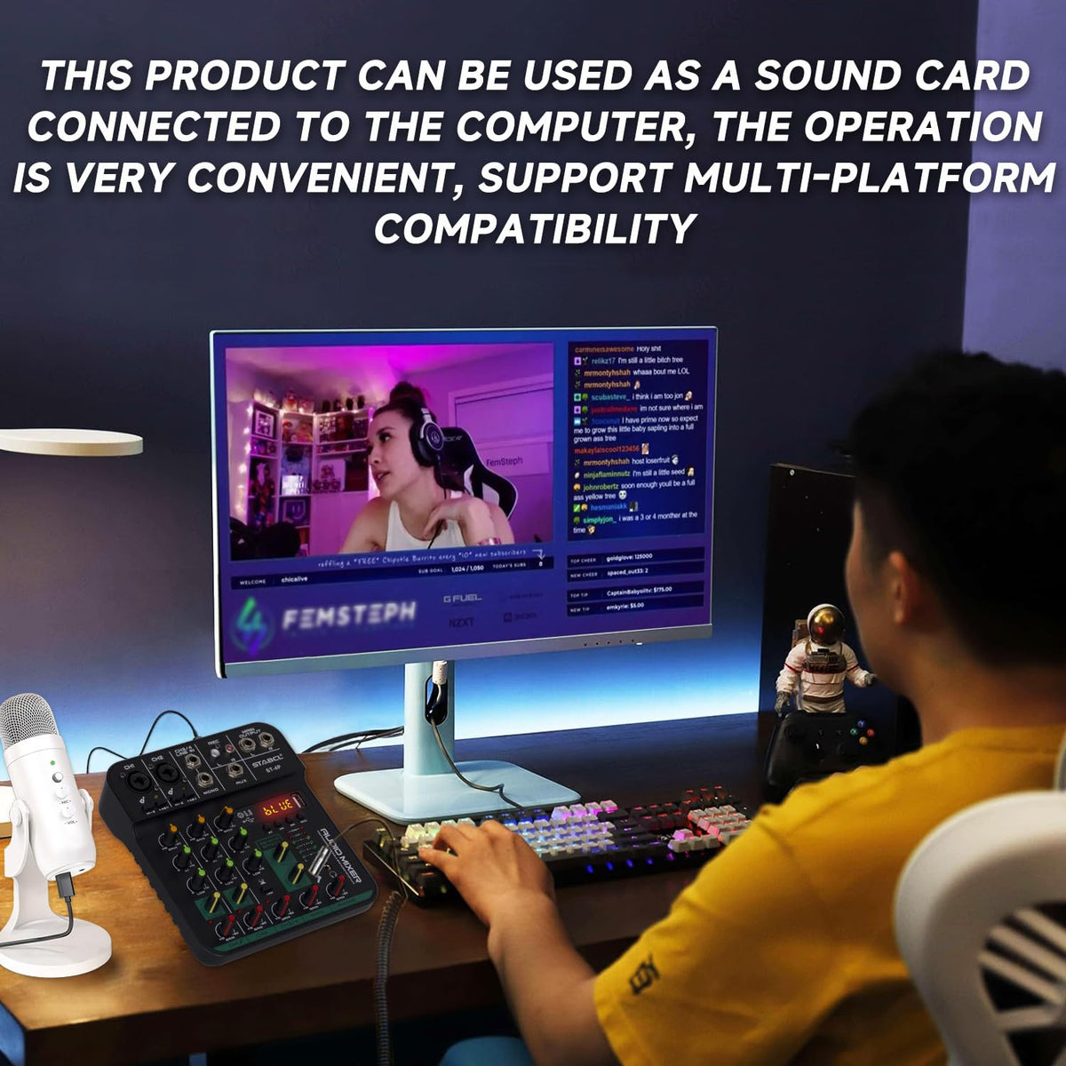 4 Channel Audio Mixer with USB BT 48V Phantom Power Q354