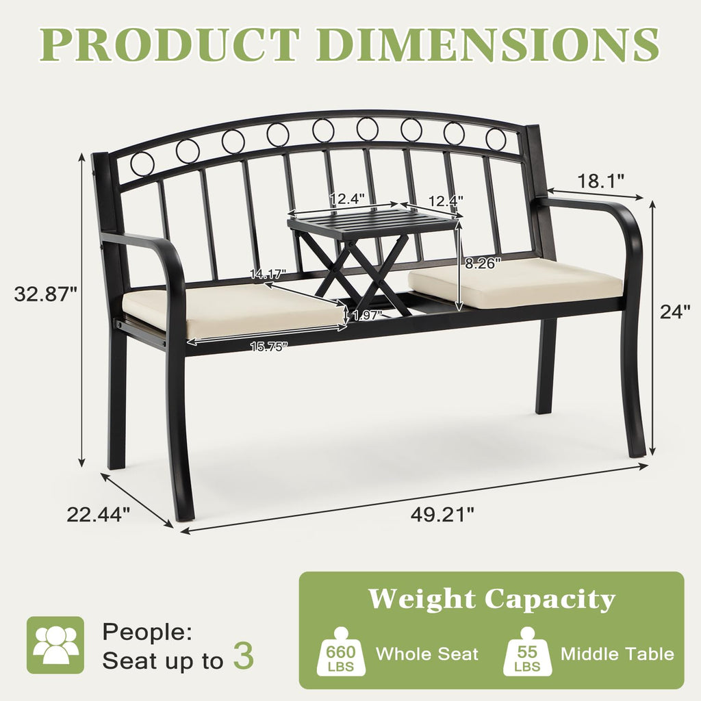 Black 2-Seat Metal Garden Bench with Cushion U60516