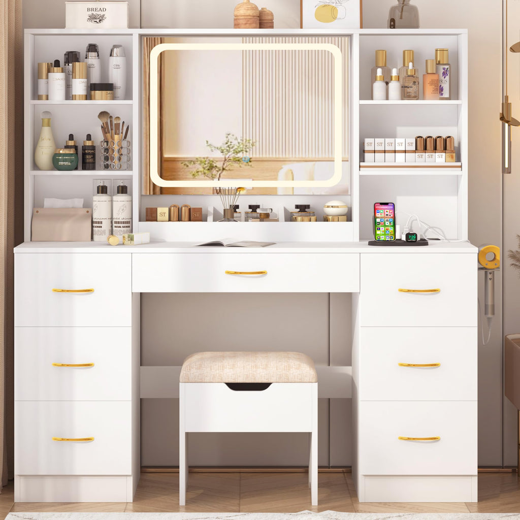 White 47" Makeup Vanity Desk with LED Mirror, Stool & 7 Drawers V488320