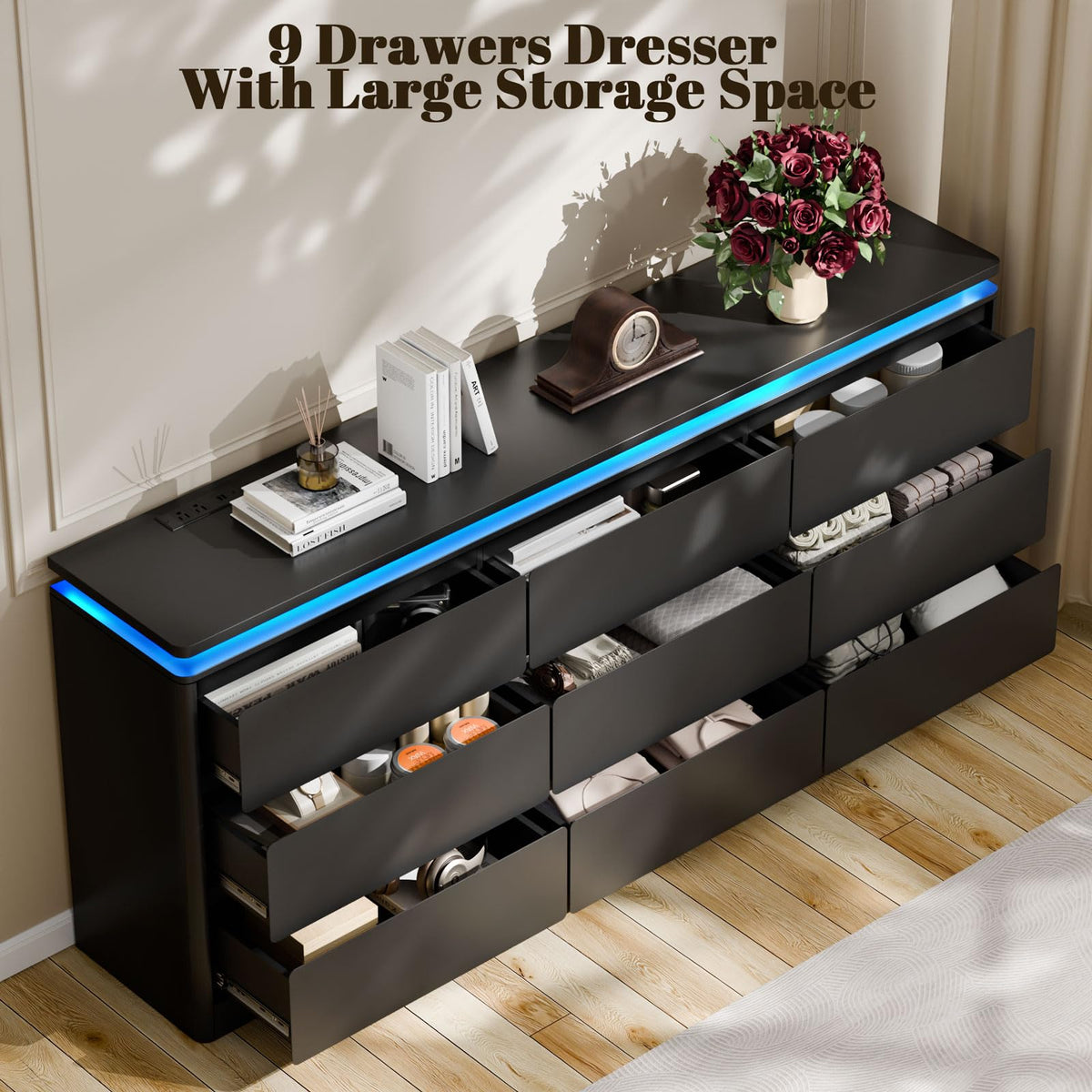 Black 9 Drawer Dresser with LED Lights F941