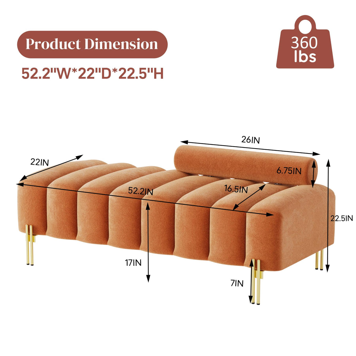 Velvet Upholstered Bench Ottoman with Adjustable Backrest A479602