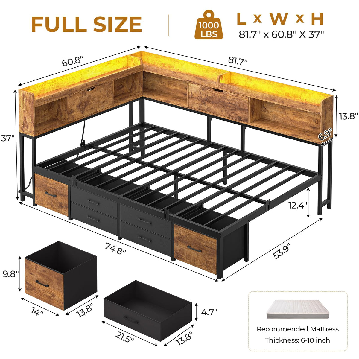 Full Size Corner Bed Frame with 6 Storage Drawers and Bookcase K65456