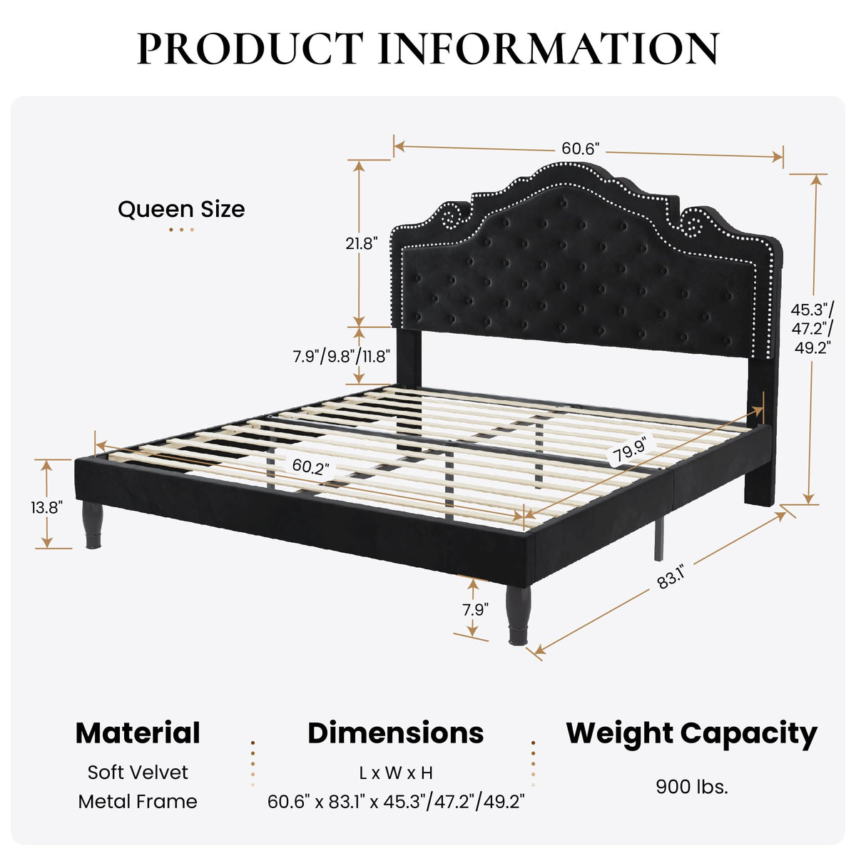 Queen Size Velvet Upholstered Bed Frame with Adjustable Headboard O780