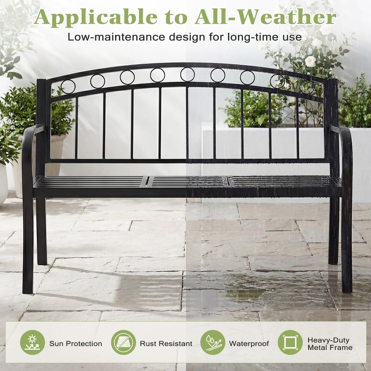 Black 2-Seat Metal Garden Bench with Cushion U60516