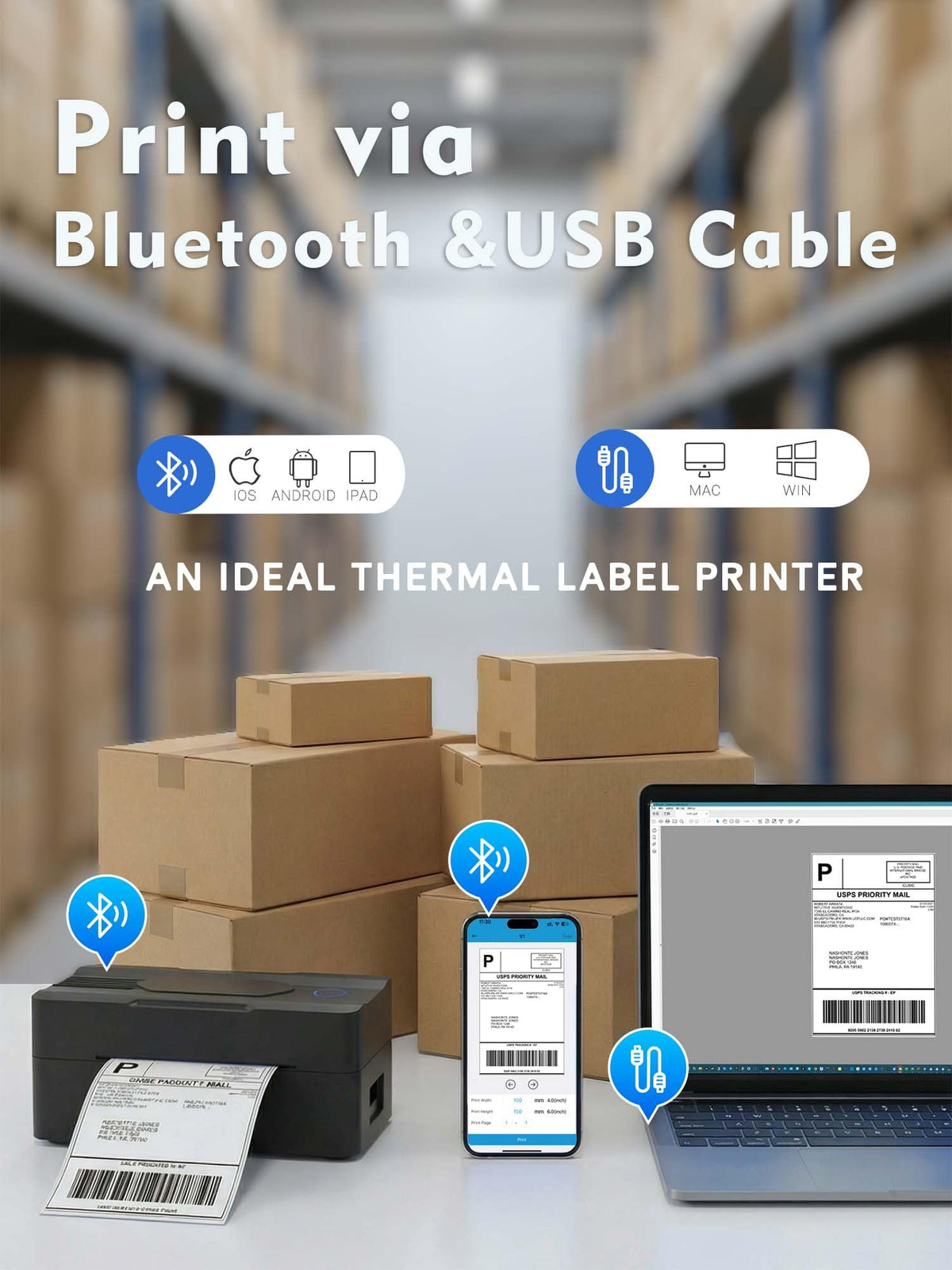 Bluetooth Thermal Shipping Label Printer 4x6 Black J533856