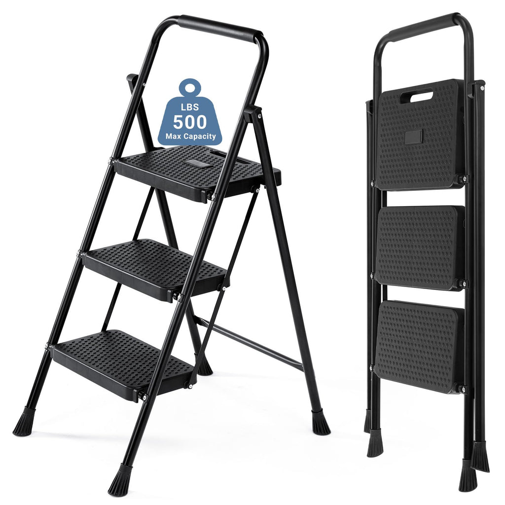 3 Step Ladder with Anti-Slip Pedal and Handrail, 500lbs, Black J9279