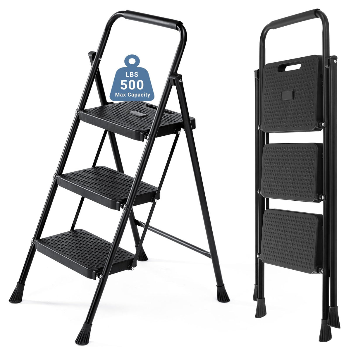 3 Step Ladder with Anti-Slip Pedal and Handrail, 500lbs, Black J9279
