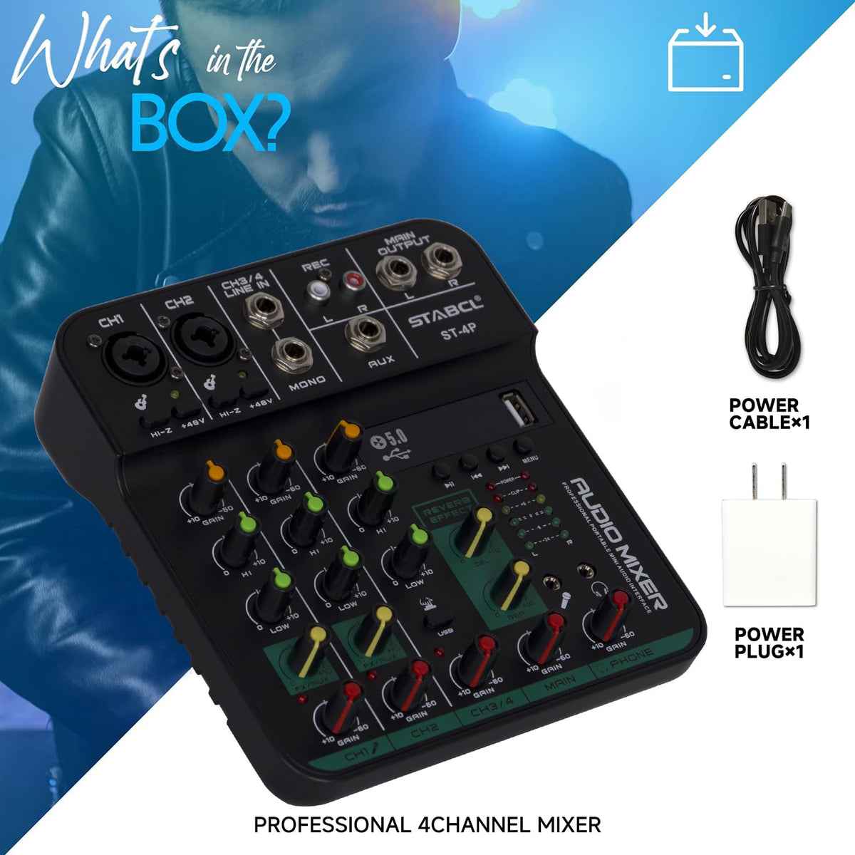 4 Channel Audio Mixer with USB BT 48V Phantom Power Q354