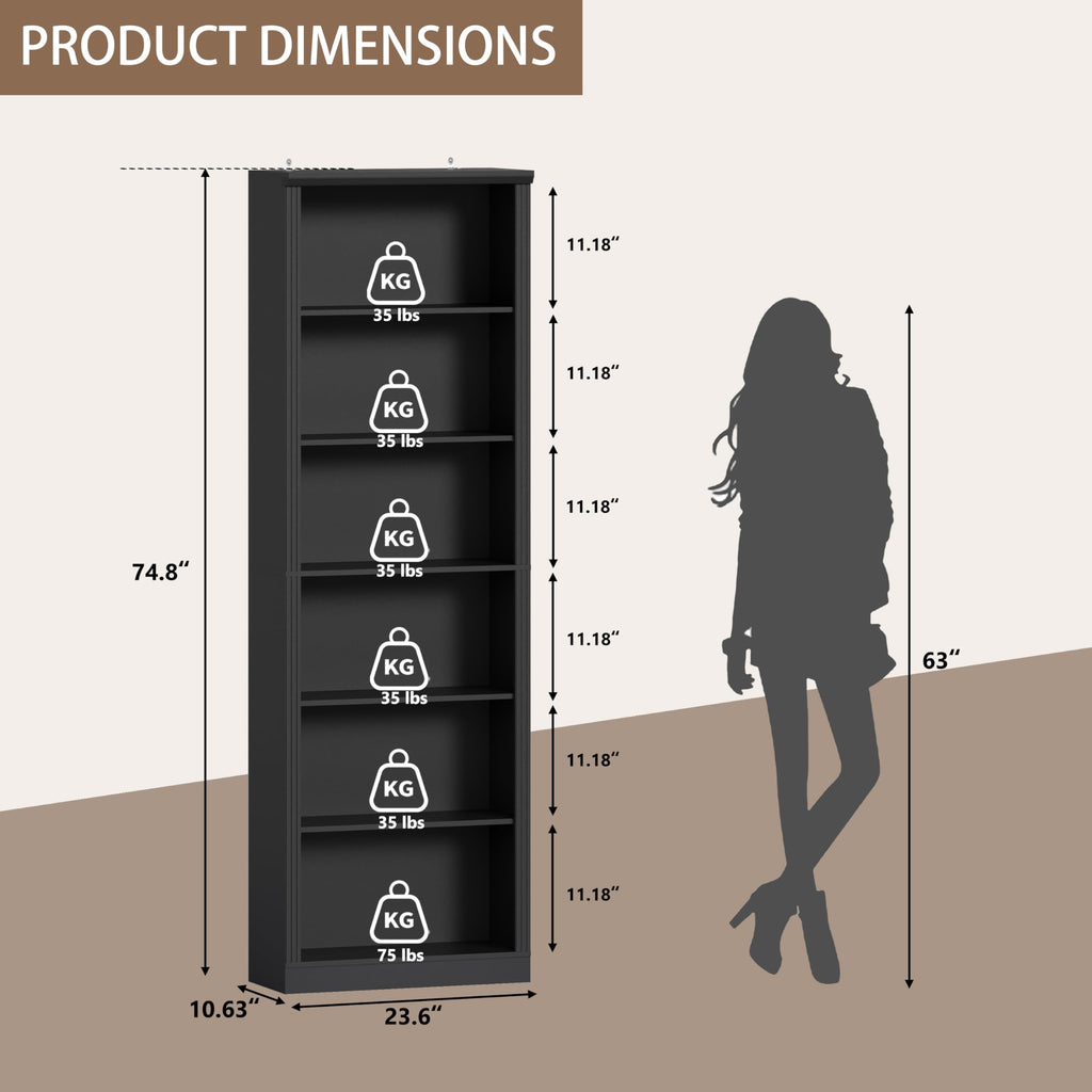 Black 75" Tall 6 Tier Adjustable Bookshelf D3625