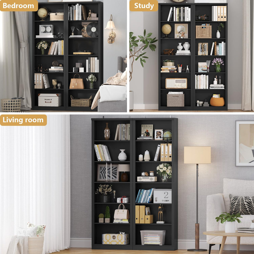 Black 75" Tall 6 Tier Adjustable Bookshelf D3625