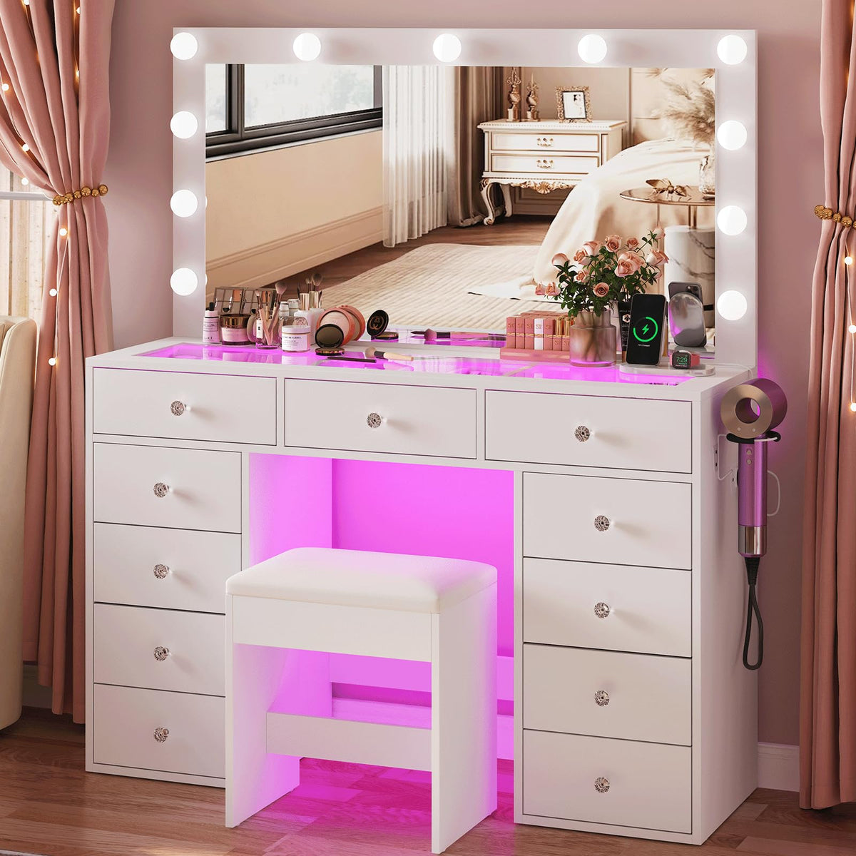 45" Large White Vanity Desk with RGB Lighting Z545385
